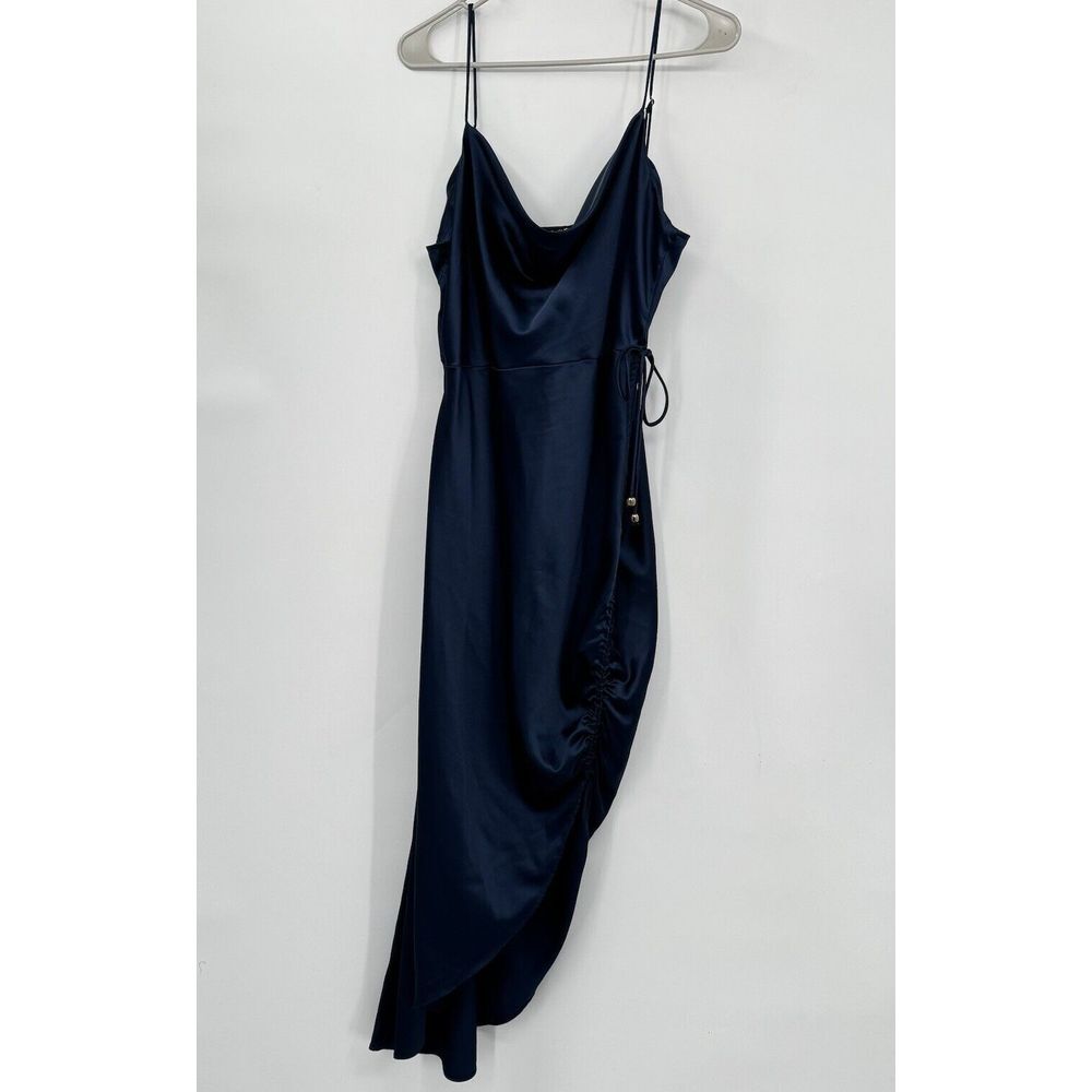 Fashion Nova Large Midi Slip Dress Womens Navy Blue Cowl Neck Ruched Side Slit